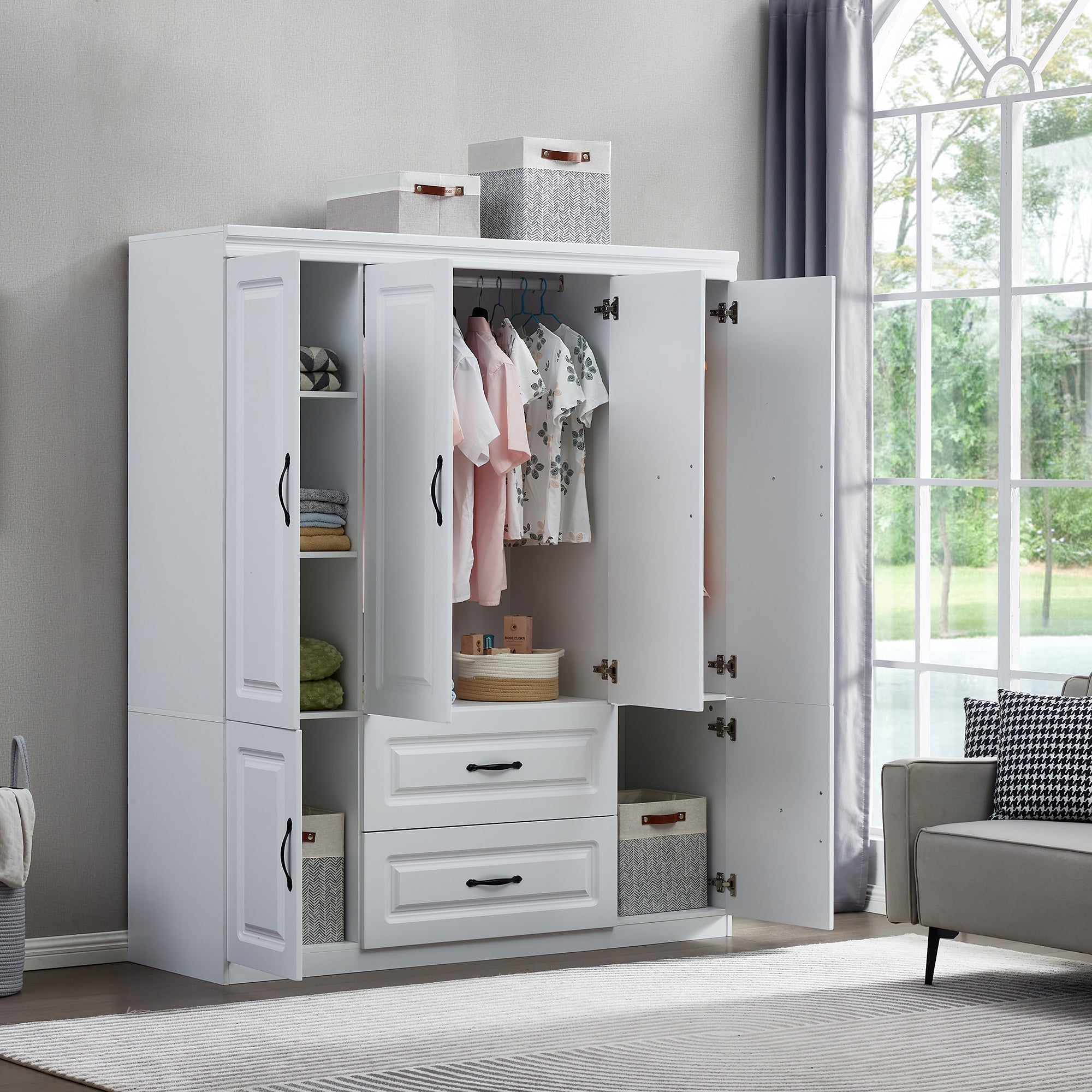 Freestanding Wardrobe Closet with Drawers & Shelves