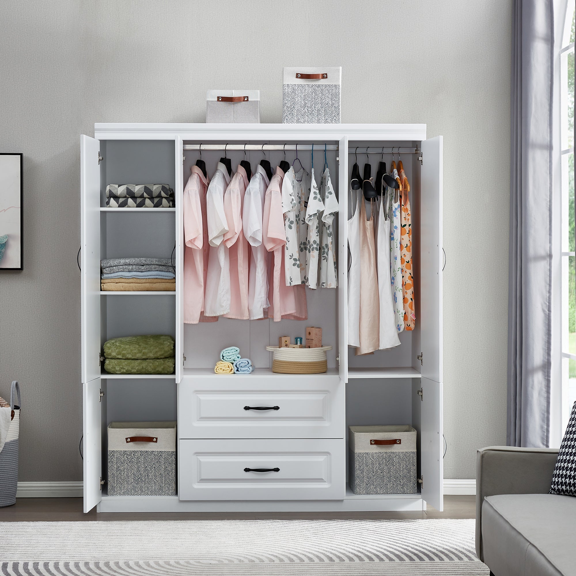 Freestanding Wardrobe Closet with Drawers & Shelves