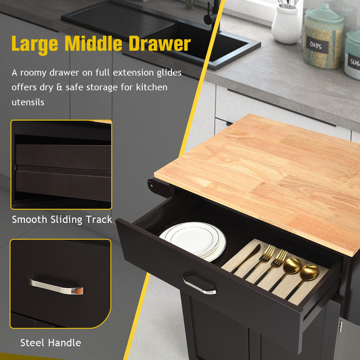 Rolling Kitchen Island Cart with Spice Rack & Storage