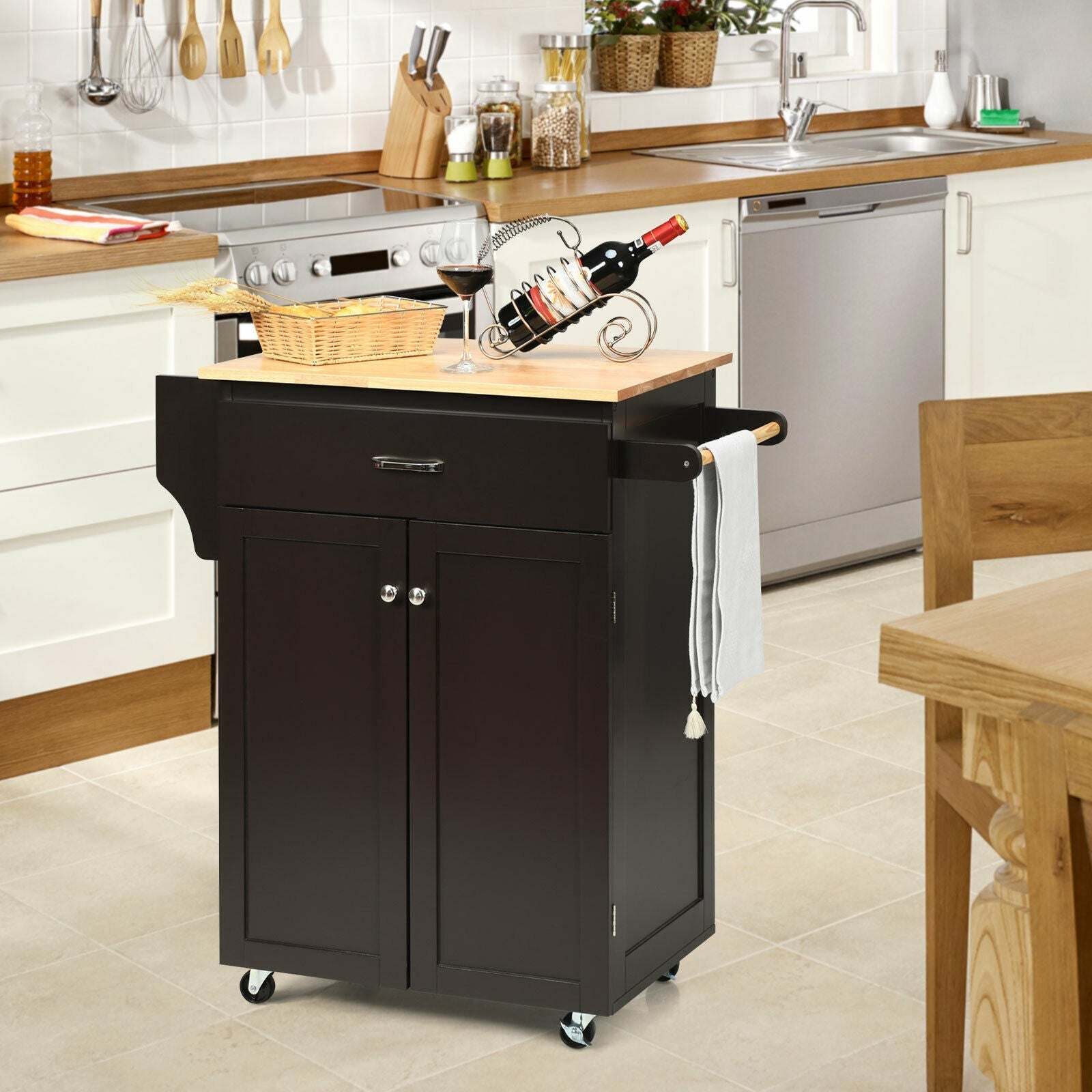 Rolling Kitchen Island Cart with Spice Rack & Storage