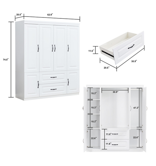 Freestanding Wardrobe Closet with Drawers & Shelves