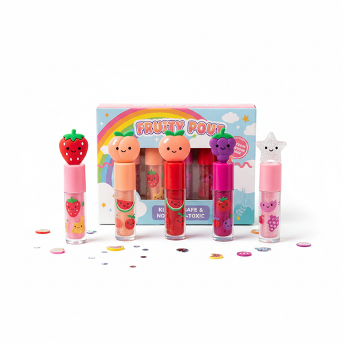 Kids' Fruity Lip Gloss Set with 6 colorful glosses on white background