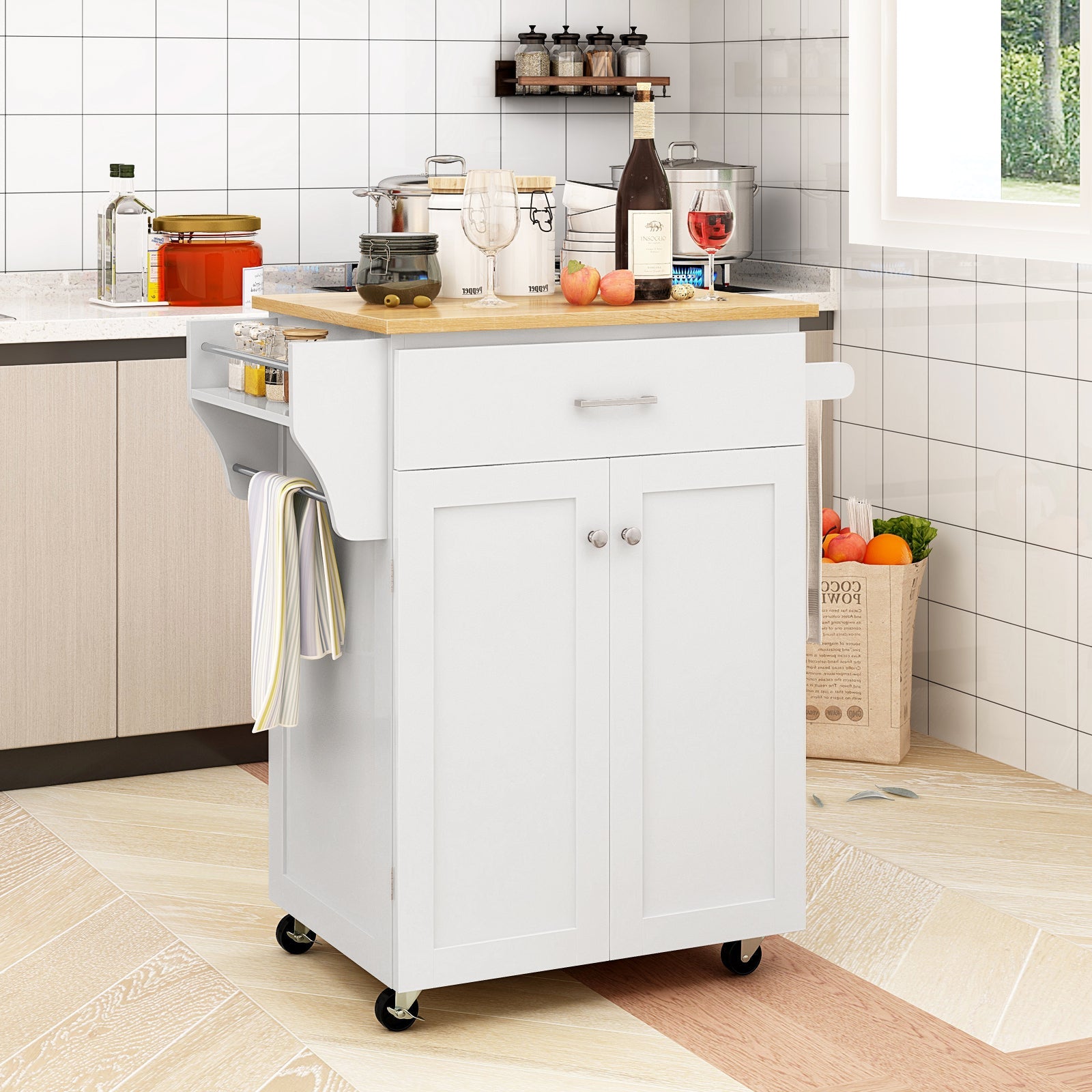 Rolling Kitchen Island Cart with Spice Rack & Storage