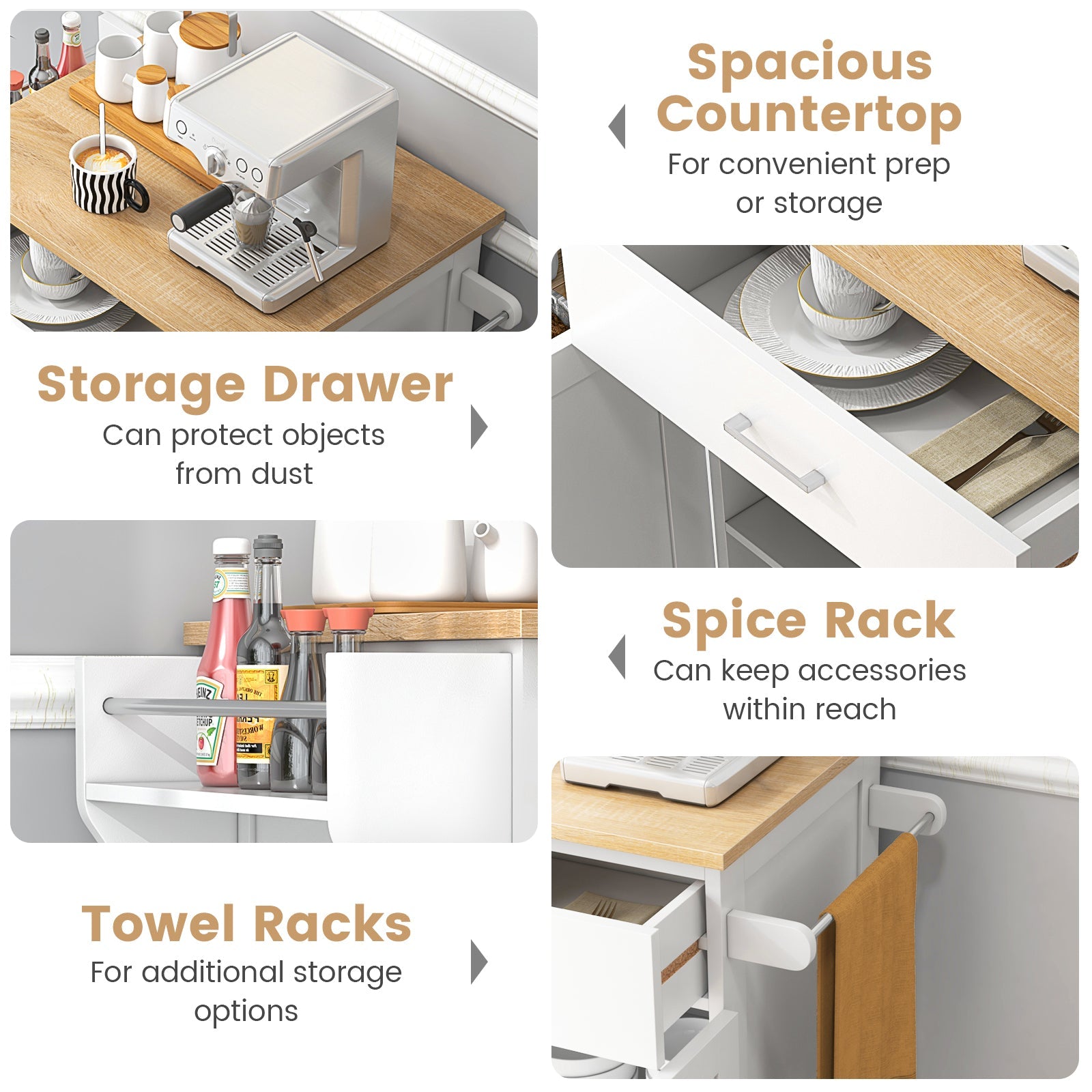 Rolling Kitchen Island Cart with Spice Rack & Storage