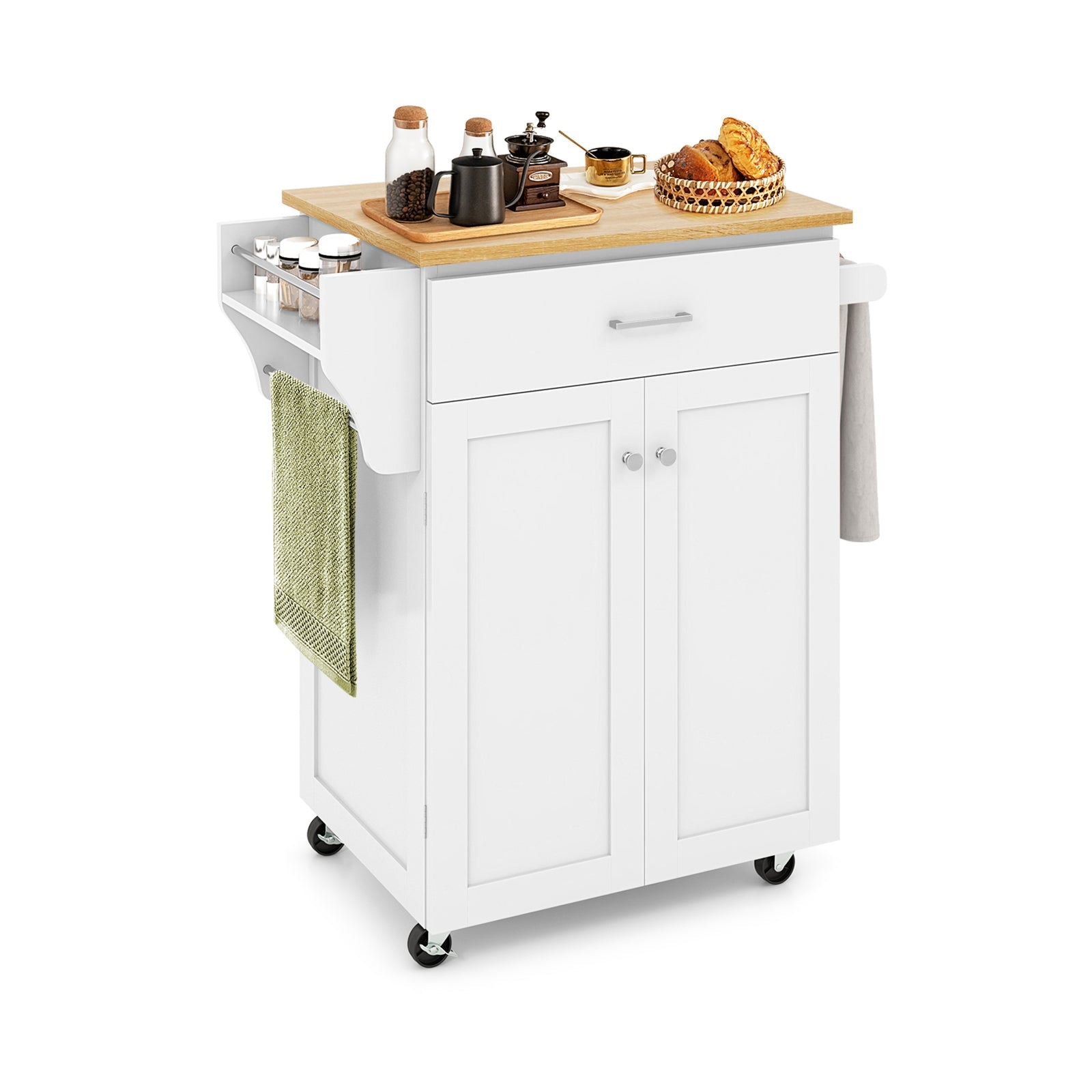Rolling Kitchen Island Cart with Spice Rack & Storage