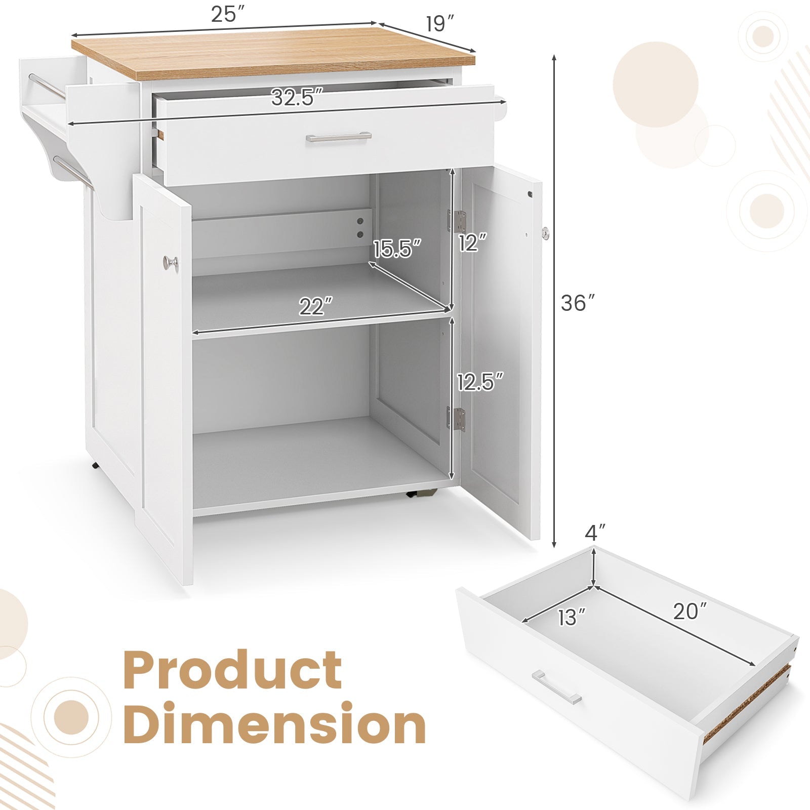 Rolling Kitchen Island Cart with Spice Rack & Storage